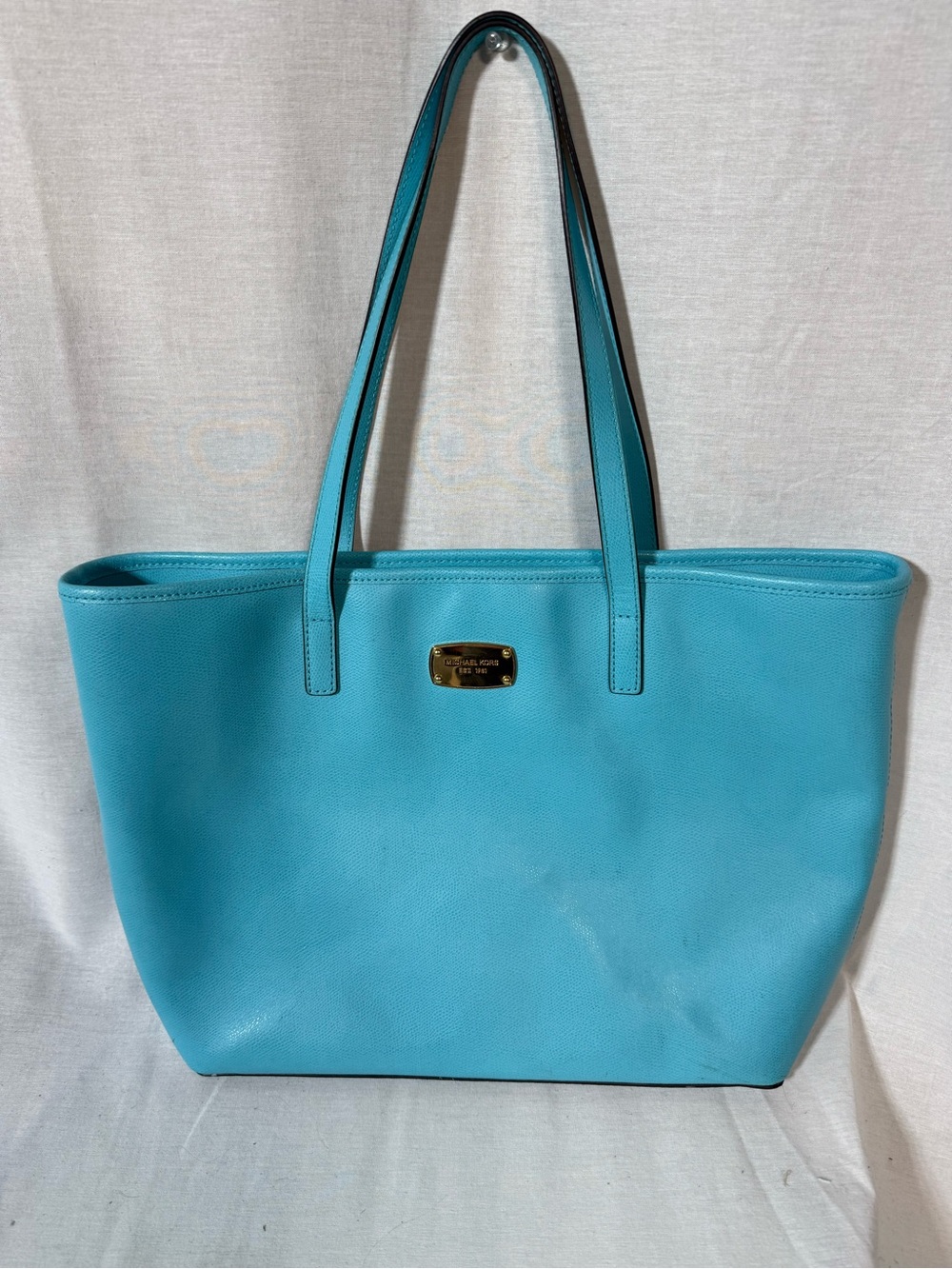 Michael Kors Robin Turquoise Blue Leather Tote with Gold Plaque